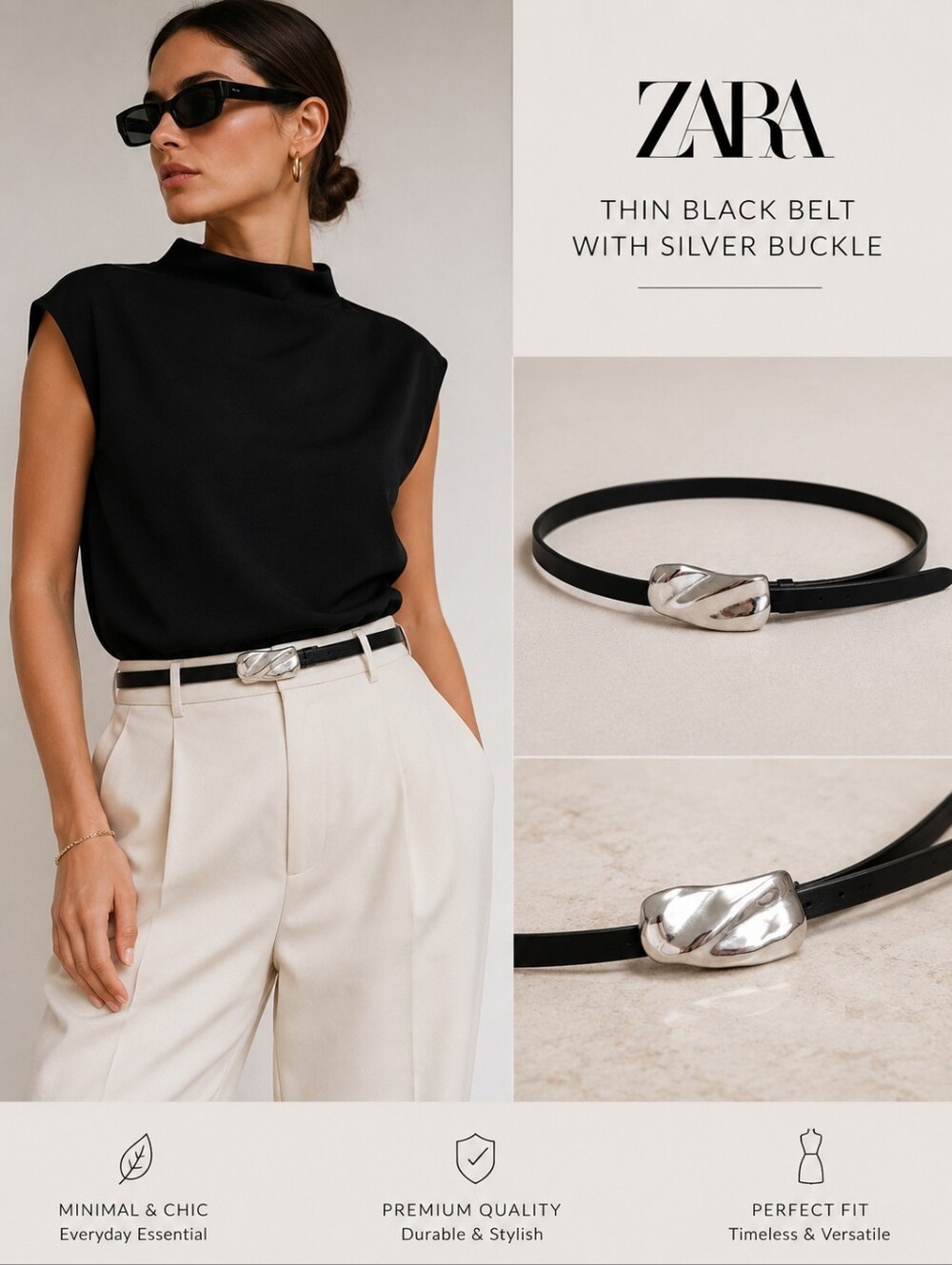Zara Thin Black Belt with Silver Buckle